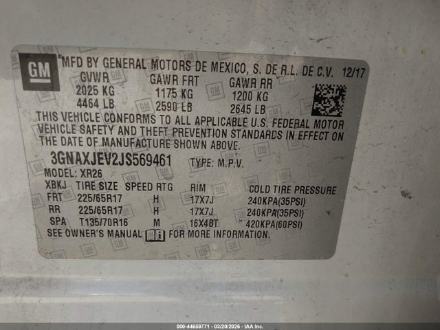Aukcja sprzedaży 2018 Chevrolet Equinox Lt, vin: 3GNAXJEV2JS569461, numer aukcji: 44659771