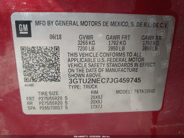 Aukcja sprzedaży 2018 Gmc Sierra 1500 Slt, vin: 3GTU2NEC7JG459745, numer aukcji: 44659773