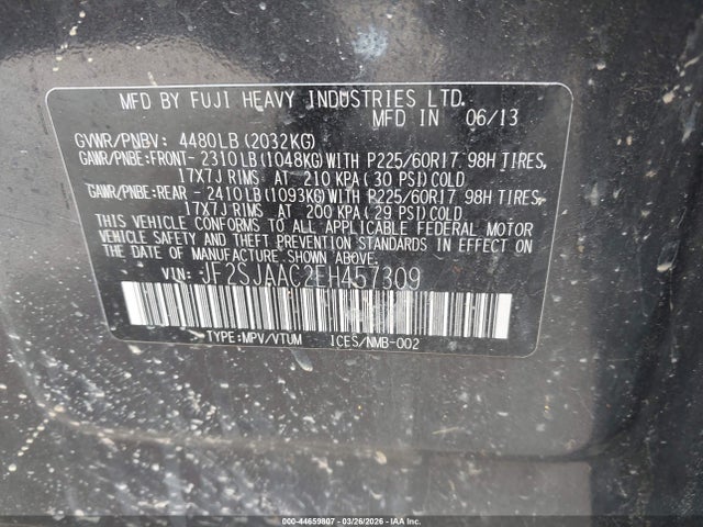 44659807 :رقم المزاد ، JF2SJAAC2EH457309 vin ، 2014 Subaru Forester 2.5i مزاد بيع