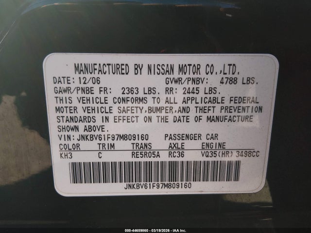Продажа на аукционе авто 2007 Infiniti G35x, vin: JNKBV61F97M809160, номер лота: 44659860