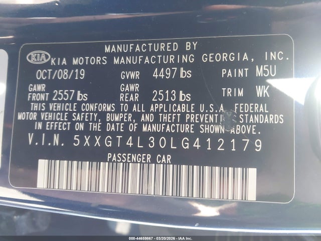 Aukcja sprzedaży 2020 Kia Optima Lx, vin: 5XXGT4L30LG412179, numer aukcji: 44659867