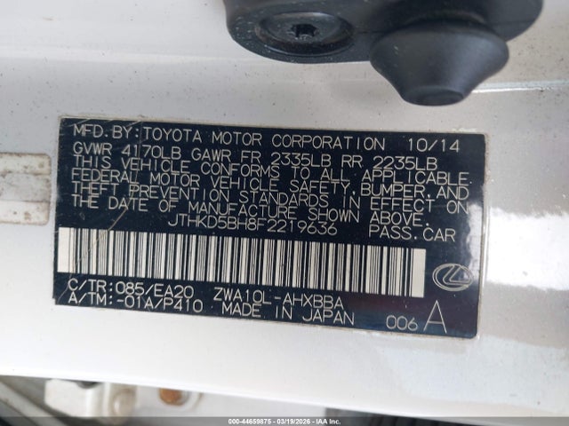 44659875 :رقم المزاد ، JTHKD5BH8F2219636 vin ، 2015 Lexus Ct 200h مزاد بيع