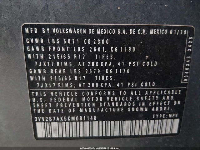 44659874 :رقم المزاد ، 3VV2B7AX5KM081148 vin ، 2019 Volkswagen Tiguan 2.0t Se/2.0t Sel/2.0t Sel R-line/2.0t Sel R-line Black مزاد بيع