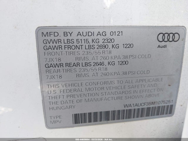 44659884 :رقم المزاد ، WA1AUCF35M1075251 vin ، 2021 Audi Q3 Premium 40 Tfsi Quattro Tiptronic مزاد بيع