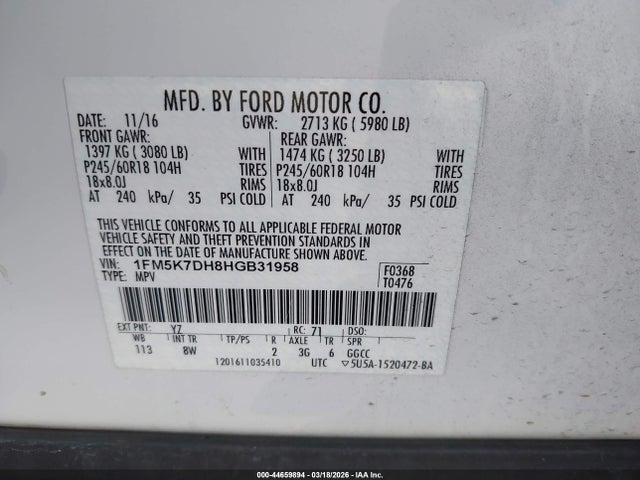 1FM5K7DH8HGB31958 Ford EXPLORER XLT
