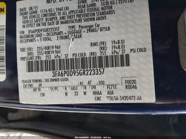Продаж на аукціоні авто 2016 Ford Fusion Titanium, vin: 3FA6P0D95GR223357, номер лоту: 44659905