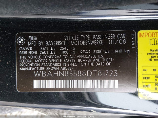 Продаж на аукціоні авто 2008 Bmw 750li, vin: WBAHN83588DT81723, номер лоту: 44659910