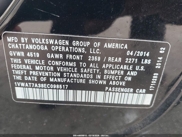Продажа на аукционе авто 2014 Volkswagen Passat 1.8t Wolfsburg Edition, vin: 1VWAT7A38EC098517, номер лота: 44659915