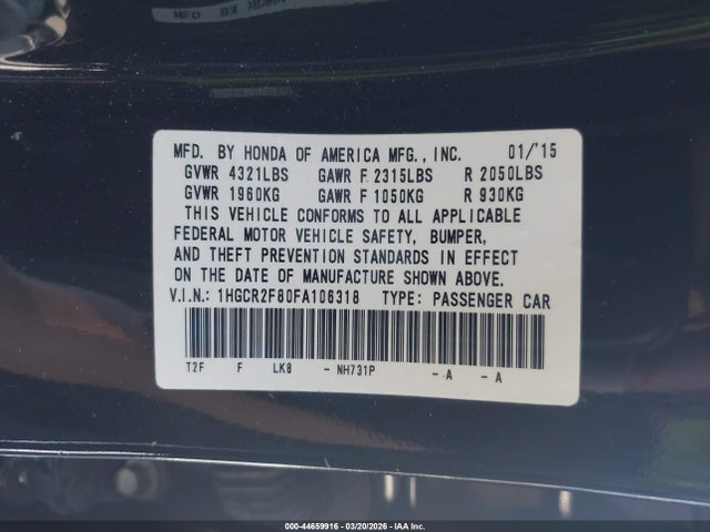 Honda Accord Ex-l 2015 1HGCR2F80FA106318 Image 9