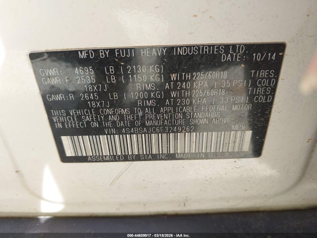 Subaru Outback 2.5i Limited 2015 4S4BSAJC6F3249262 Image 9