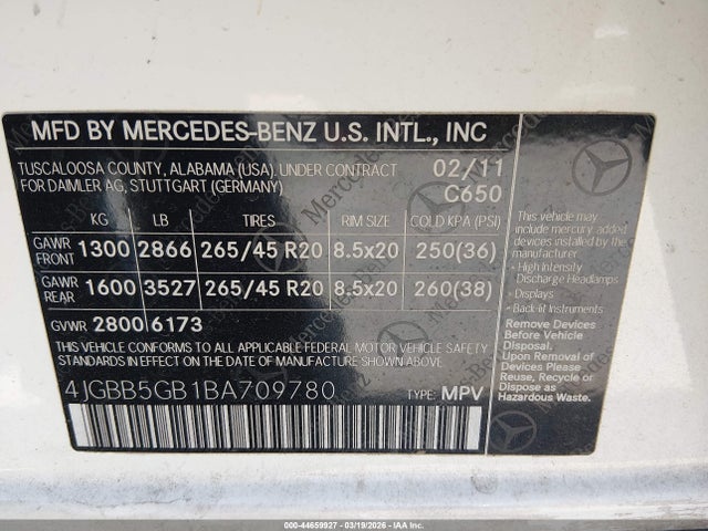 Продаж на аукціоні авто 2011 Mercedes-benz Ml 350, vin: 4JGBB5GB1BA709780, номер лоту: 44659927