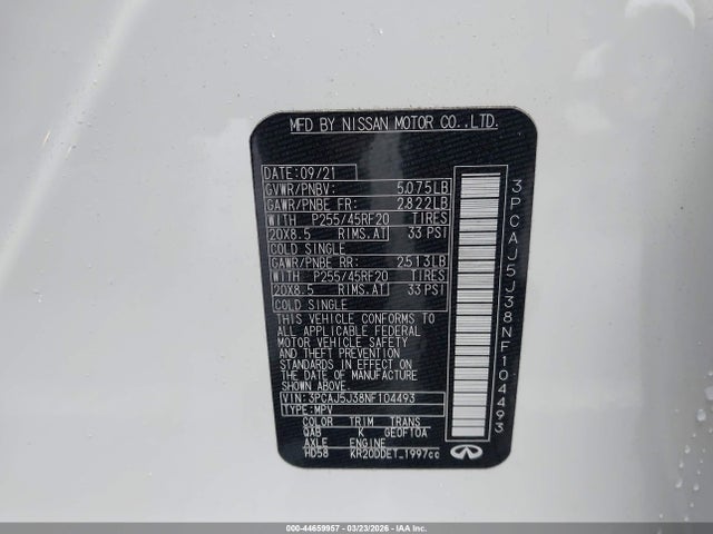 44659957 :رقم المزاد ، 3PCAJ5J38NF104493 vin ، 2022 Infiniti Qx55 Luxe Awd مزاد بيع