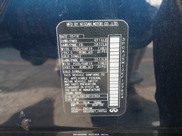 44659960 :رقم المزاد ، 3PCAJ5M12KF127824 vin ، 2019 Infiniti Qx50 Pure مزاد بيع
