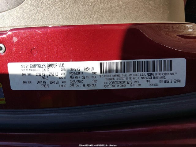 Aukcja sprzedaży 2012 Chrysler Town & Country Touring-l, vin: 2C4RC1CG9CR413915, numer aukcji: 44659985