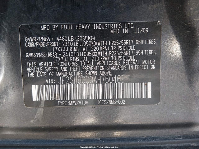 Продажа на аукционе авто 2010 Subaru Forester 2.5x Premium, vin: JF2SH6CC0AH760461, номер лота: 44659993
