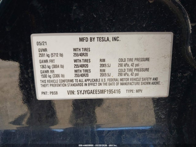5YJYGAEE5MF195416 Tesla Model Y Long Range Dual Motor All-wheel Drive