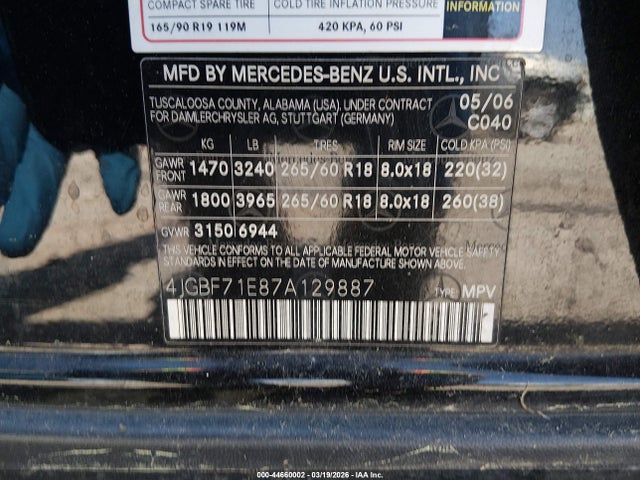 2007 Mercedes-benz Gl 450 4matic მანქანა იყიდება აუქციონზე, vin: 4JGBF71E87A129887, აუქციონის ნომერი: 44660002