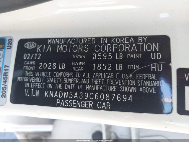 44660045 :رقم المزاد ، KNADN5A39C6087694 vin ، 2012 Kia Rio5 Ex/lx/sx مزاد بيع