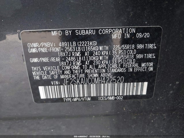 Продаж на аукціоні авто 2021 Subaru Forester Limited, vin: JF2SKAUC0MH422520, номер лоту: 44660047