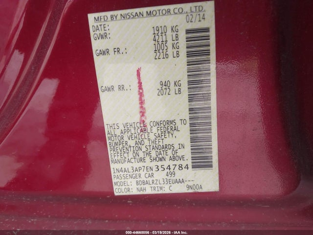 1N4AL3AP7EN354784 Nissan Altima 2.5/2.5 S/2.5 Sl/2.5 Sv
