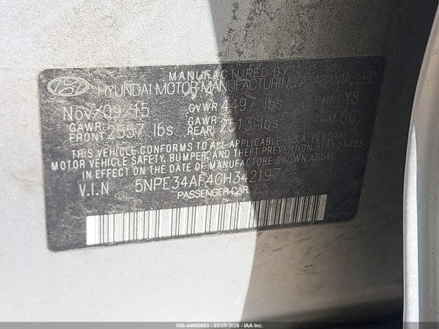 44660063 :رقم المزاد ، 5NPE34AF4GH342197 vin ، 2016 Hyundai Sonata Sport مزاد بيع
