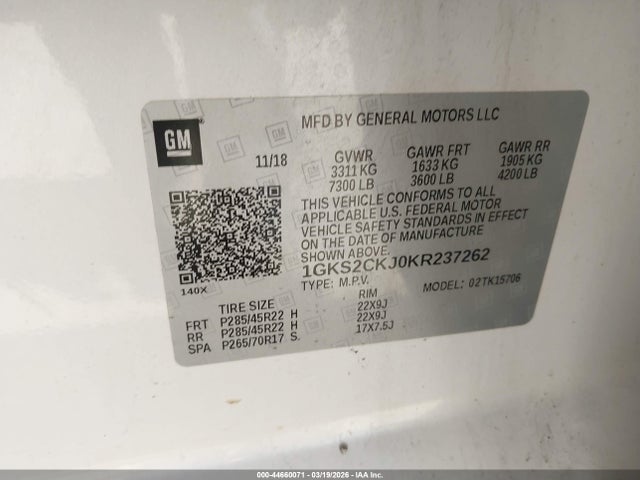 Aukcja sprzedaży 2019 Gmc Yukon Denali, vin: 1GKS2CKJ0KR237262, numer aukcji: 44660071