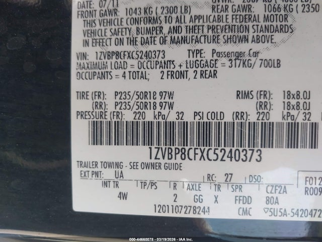 2012 FORD MUSTANG 1ZVBP8CFXC5240373 Photo 8