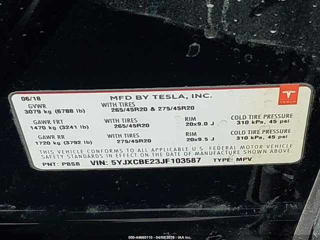 Aukcja sprzedaży 2018 Tesla Model X 100d/75d/p100d, vin: 5YJXCBE23JF103587, numer aukcji: 44660110