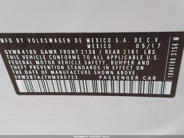 Продажа на аукционе авто 2017 Volkswagen Jetta 1.4t S, vin: 3VW2B7AJ7HM380723, номер лота: 44660114
