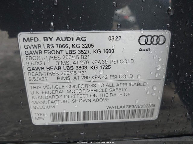 WA1LAAGE3NB032335 Audi E-tron Premium Plus Quattro
