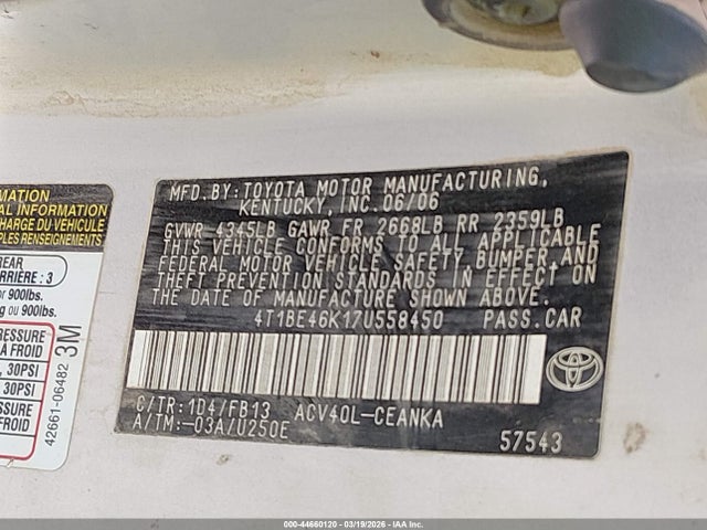 Продажа на аукционе авто 2009 Toyota Camry Le, vin: 4T4BE46K59R051656, номер лота: 44660120