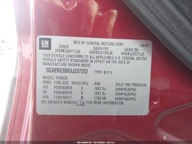 2009 Buick Enclave Cxl მანქანა იყიდება აუქციონზე, vin: 5GAER23D69J207202, აუქციონის ნომერი: 44660129