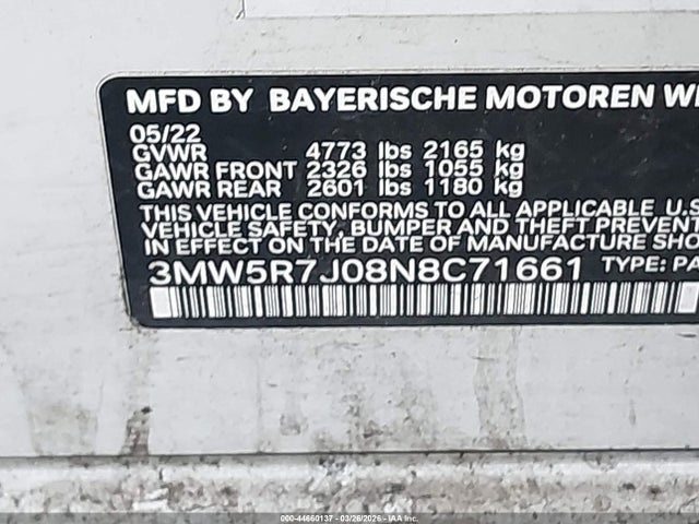 Продажа на аукционе авто 2022 Bmw 330i Xdrive, vin: 3MW5R7J08N8C71661, номер лота: 44660137