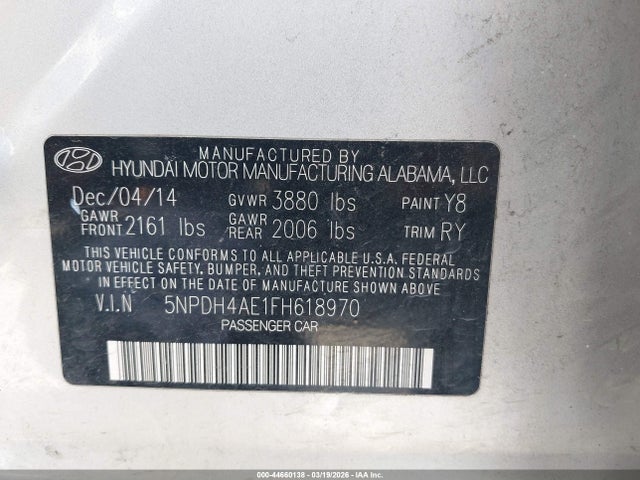 Продаж на аукціоні авто 2015 Hyundai Elantra Se, vin: 5NPDH4AE1FH618970, номер лоту: 44660138