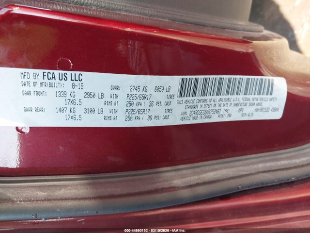 44660152 :رقم المزاد ، 2C4RDGEG5KR752487 vin ، 2019 Dodge Grand Caravan Gt مزاد بيع