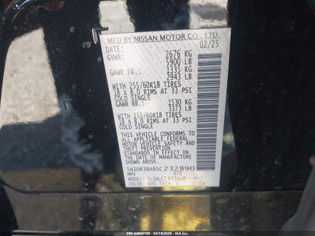 5N1DR3BA6SC232890 Nissan Pathfinder Sv Fwd