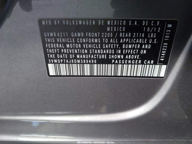 44660189 :رقم المزاد ، 3VWDP7AJ6DM389496 vin ، 2013 Volkswagen Jetta Se مزاد بيع