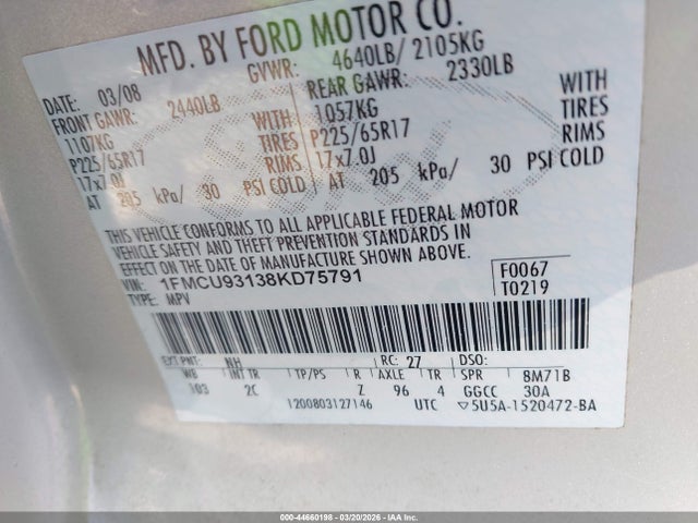 2008 FORD ESCAPE 1FMCU93138KD75791 Photo 8