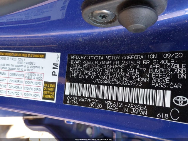 JTDS4MCE3MJ063993 Toyota COROLLA SE