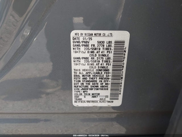 44660224 :رقم المزاد ، JN8DF0BF2SM768306 vin ، 2025 Nissan Ariya Evolve+ مزاد بيع