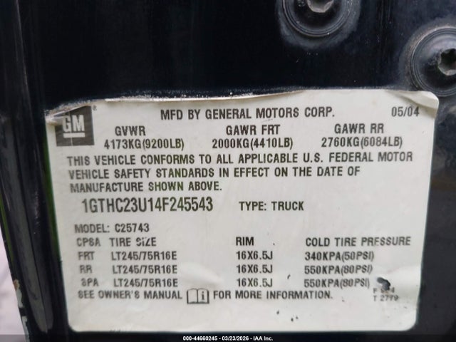 Aukcja sprzedaży 2004 Gmc Sierra 2500hd Sle, vin: 1GTHC23U14F245543, numer aukcji: 44660245
