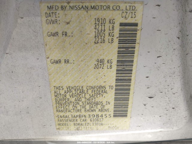 1N4AL3AP8FN398455 Nissan Altima 2.5/2.5 S/2.5 Sl/2.5 Sv