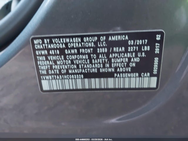 Продаж на аукціоні авто 2017 Volkswagen Passat 1.8t Se, vin: 1VWBT7A31HC063326, номер лоту: 44660253
