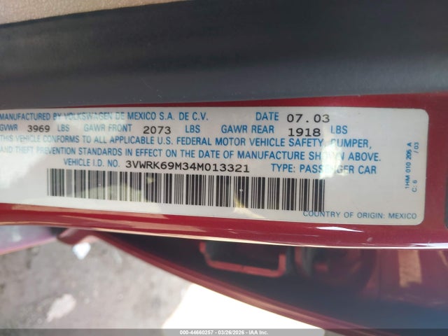 Aukcja sprzedaży 2004 Volkswagen Jetta Gl, vin: 3VWRK69M34M013321, numer aukcji: 44660257