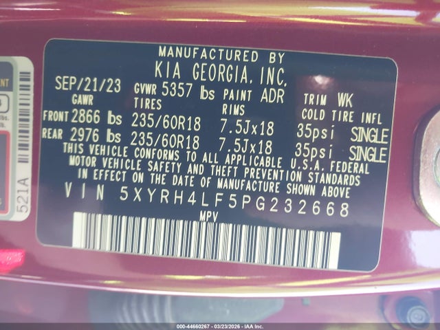 44660267 :رقم المزاد ، 5XYRH4LF5PG232668 vin ، 2023 Kia Sorento Ex مزاد بيع