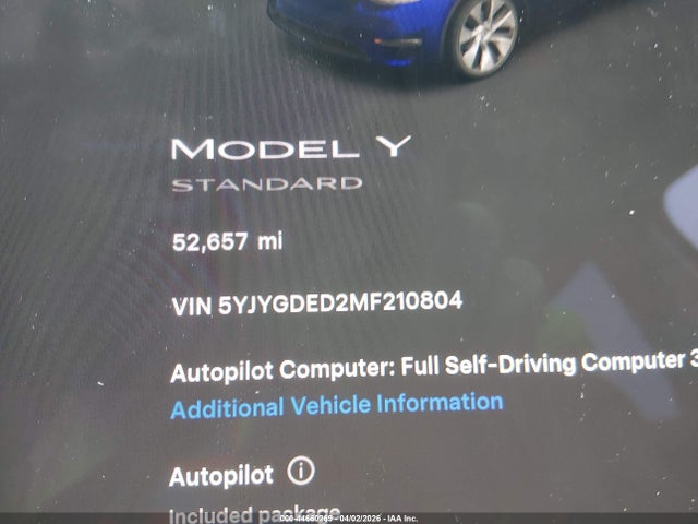2021 Tesla Model Y Standard Range Rear-wheel Drive მანქანა იყიდება აუქციონზე, vin: 5YJYGDED2MF210804, აუქციონის ნომერი: 44660269