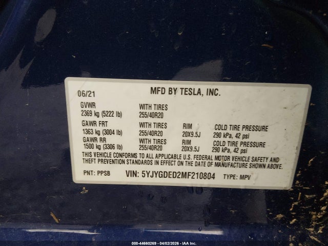 2021 Tesla Model Y Standard Range Rear-wheel Drive მანქანა იყიდება აუქციონზე, vin: 5YJYGDED2MF210804, აუქციონის ნომერი: 44660269