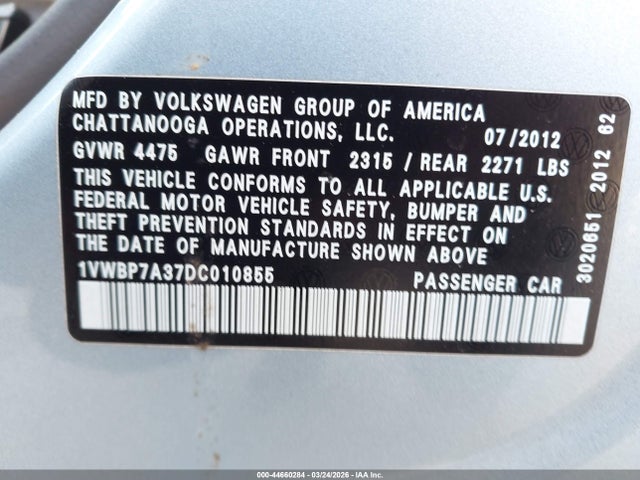 Aukcja sprzedaży 2013 Volkswagen Passat 2.5l Se, vin: 1VWBP7A37DC010855, numer aukcji: 44660284