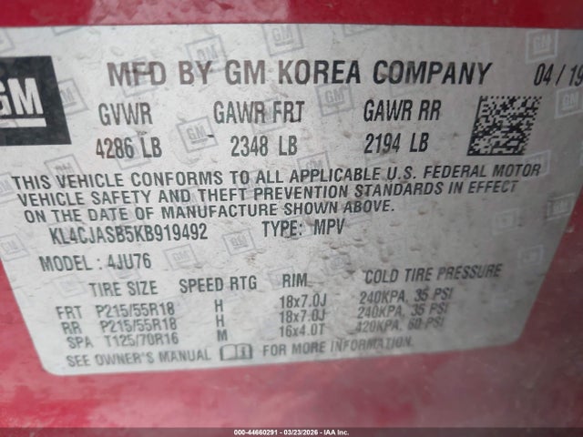 Продажа на аукционе авто 2019 Buick Encore Fwd Preferred, vin: KL4CJASB5KB919492, номер лота: 44660291