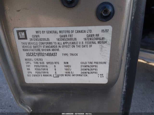 Продаж на аукціоні авто 2002 Chevrolet Silverado 1500 Ls, vin: 2GCEC19T021400437, номер лоту: 44660290